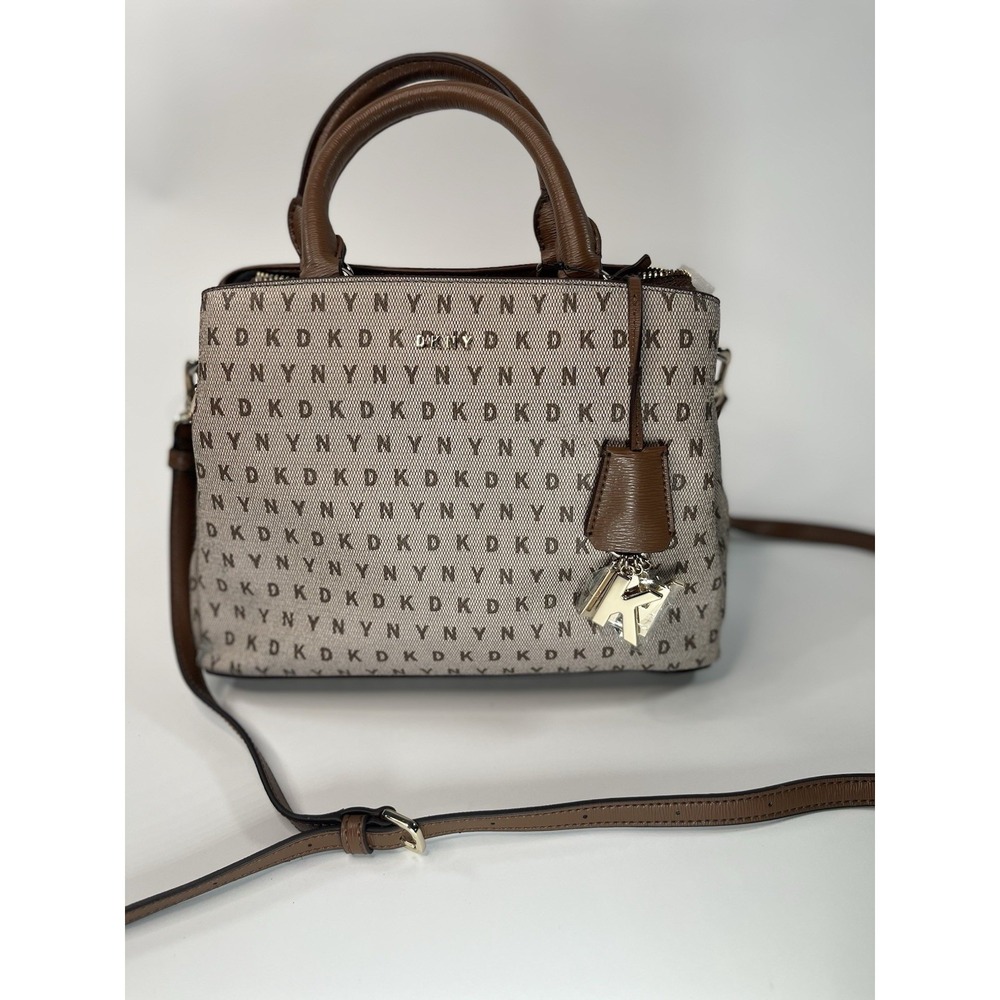 DKNY Bryant Dome Logo MD Round Satchel Bag Tan Brown